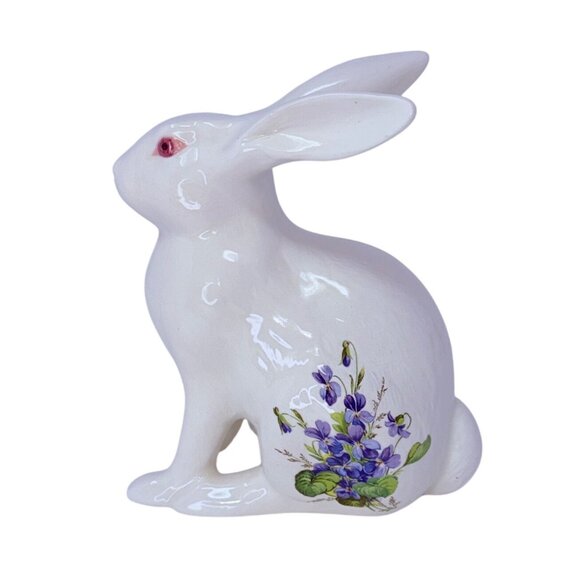 1980s Hand Painted White Rabbit Figurine Purple Violets Flowers Signed Ceramic - Picture 4 of 10